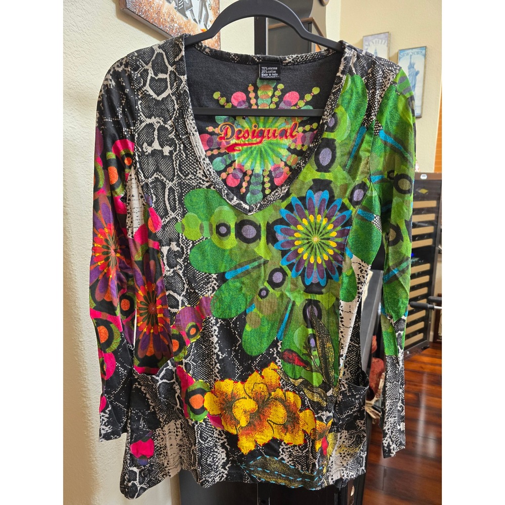 Desigual Women Floral Snakeskin Patchwork Long Sleeve VNeck Tunic Boho Top Large - Picture 2 of 4